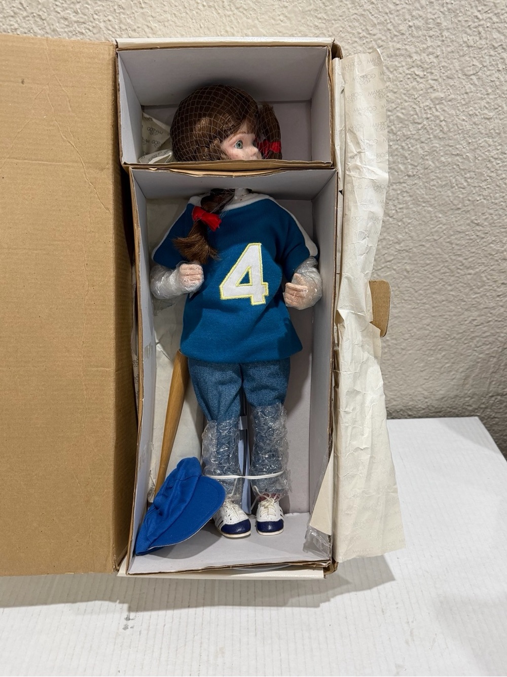 Vintage Porcelain Baseball Girl Doll #4 w/ Bat Cap Original Box Collectible